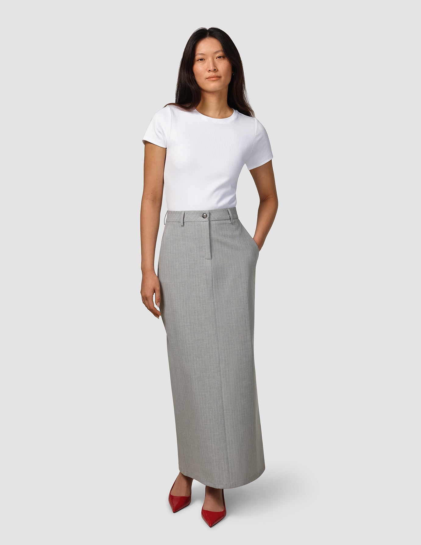 Essential Maxi Skirt Light Grey Pinstriped